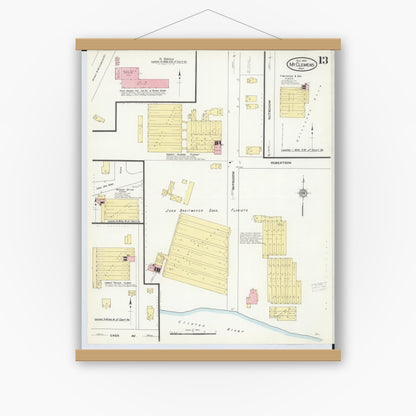 Old map wall art mockup — magnetic wood frame on white wall — Sanborn Fire Insurance Map from Mount Clemens, Macomb County, Michigan (1909), Sheet #0013