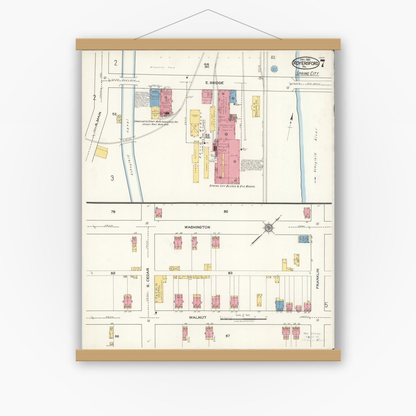 Old map wall art mockup — magnetic wood frame on white wall — Sanborn Fire Insurance Map from Royersford, Montgomery County, Pennsylvania (1921), Sheet #0007