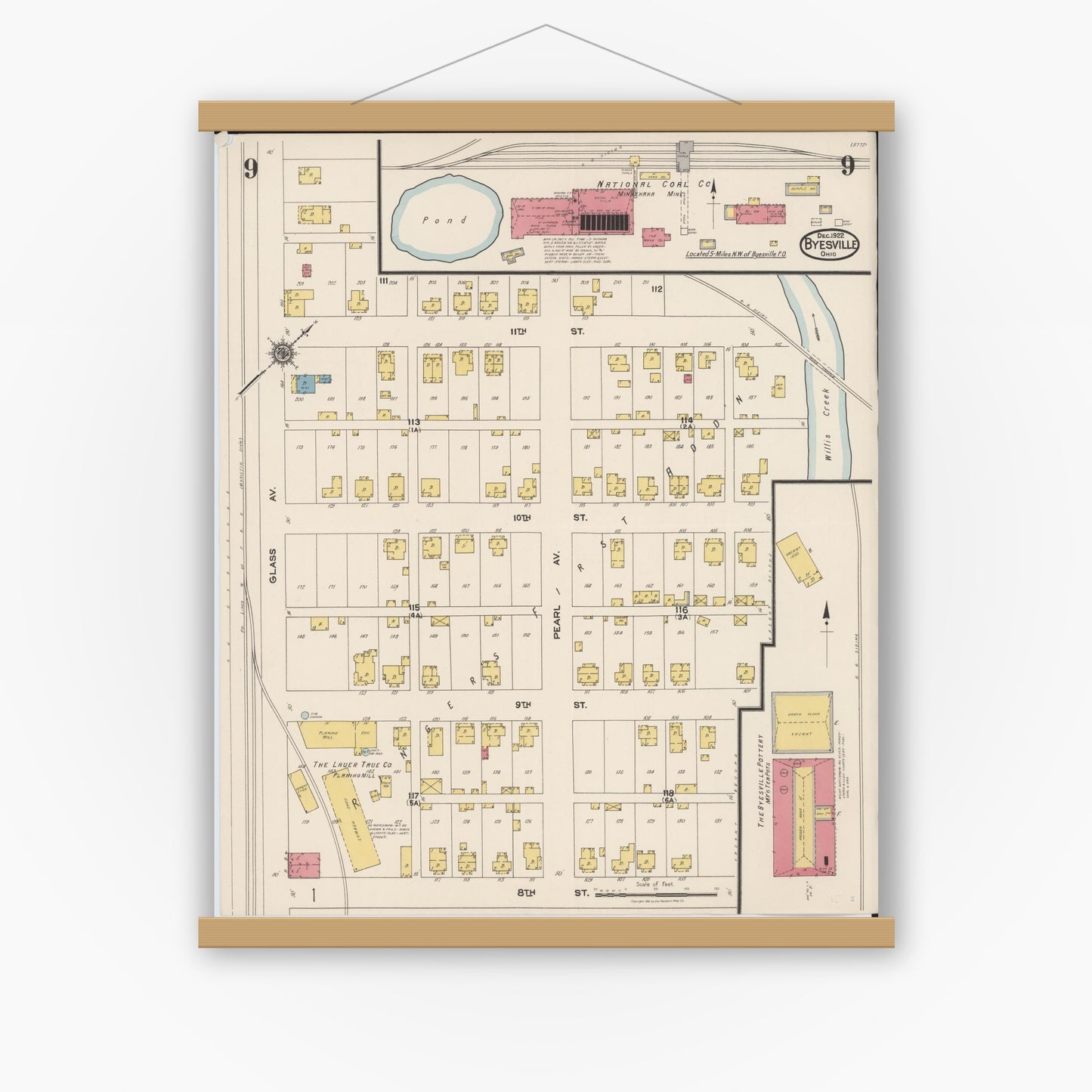 Old map wall art mockup — magnetic wood frame on white wall — Sanborn Fire Insurance Map from Byesville, Guernsey County, Ohio (1922), Sheet #0009