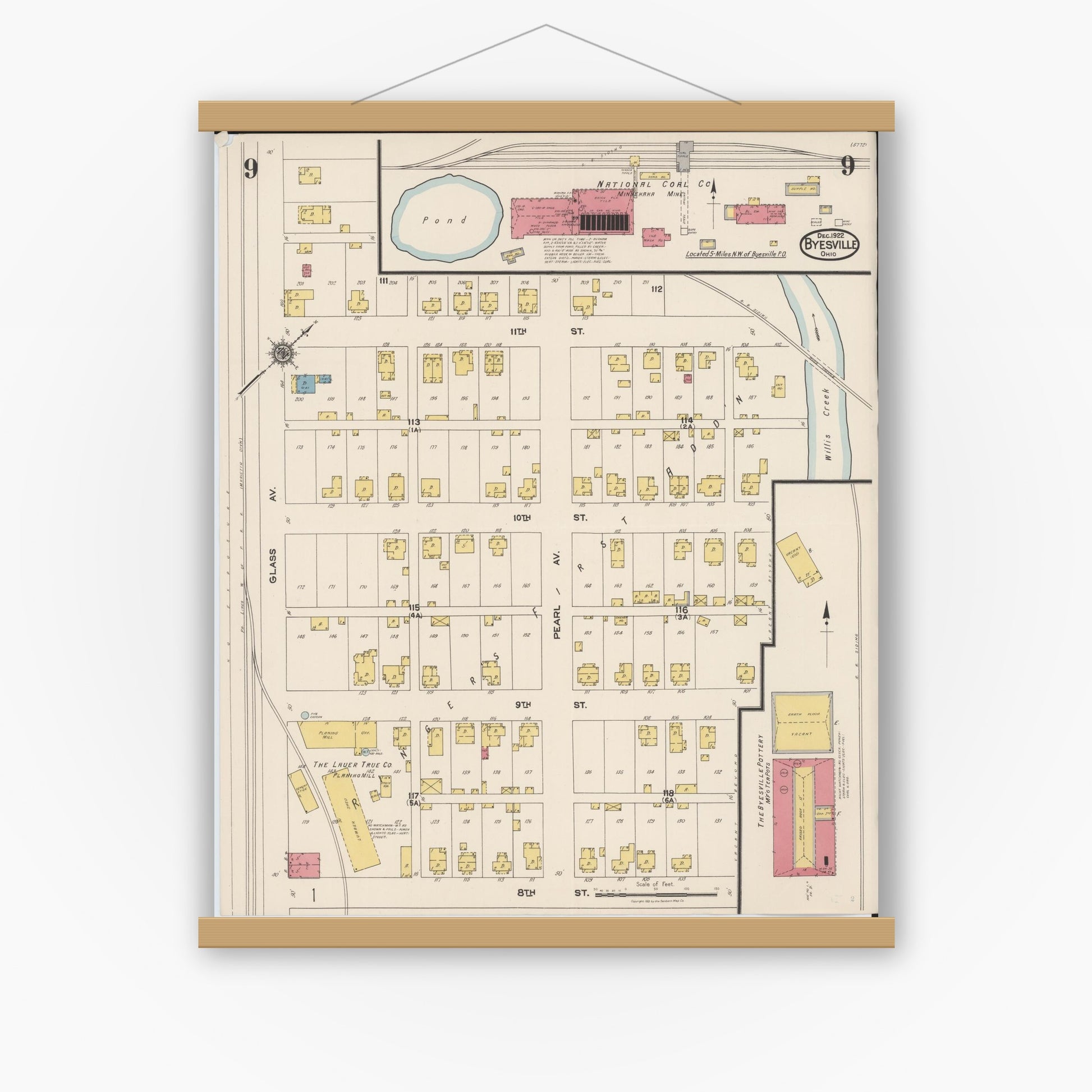 Old map wall art mockup — magnetic wood frame on white wall — Sanborn Fire Insurance Map from Byesville, Guernsey County, Ohio (1922), Sheet #0009