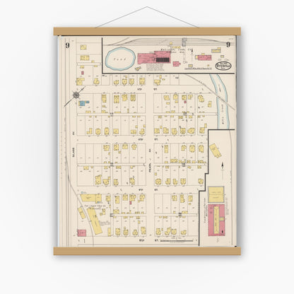 Old map wall art mockup — magnetic wood frame on white wall — Sanborn Fire Insurance Map from Byesville, Guernsey County, Ohio (1922), Sheet #0009