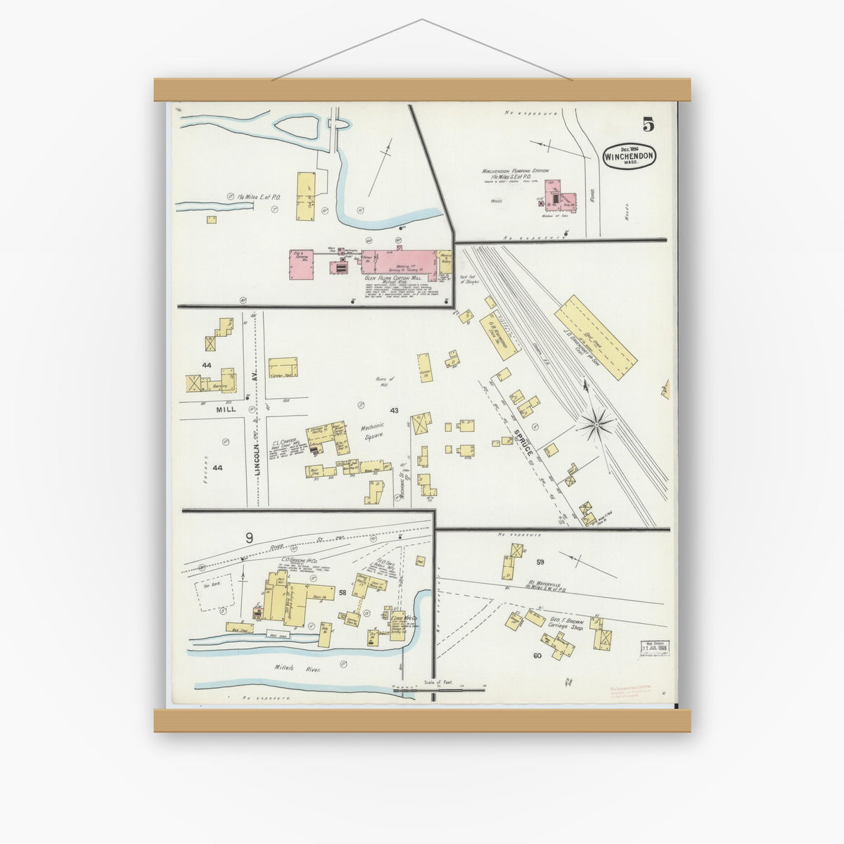 Old map wall art mockup — magnetic wood frame on white wall — Sanborn Fire Insurance Map from Winchendon, Worcester County, Massachusetts (1896), Sheet #0005