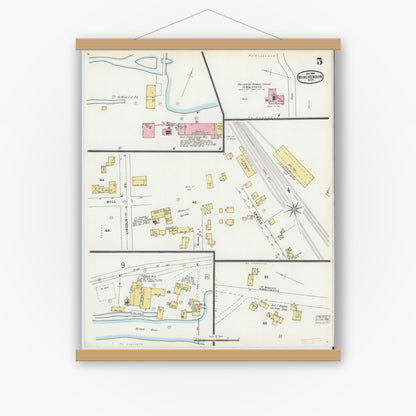 Old map wall art mockup — magnetic wood frame on white wall — Sanborn Fire Insurance Map from Winchendon, Worcester County, Massachusetts (1896), Sheet #0005