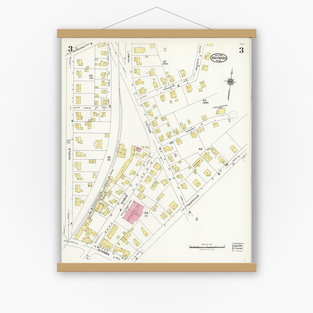 Old map wall art mockup — magnetic wood frame on white wall — Sanborn Fire Insurance Map from Maynard, Middlesex County, Massachusetts (1924), Sheet #0003