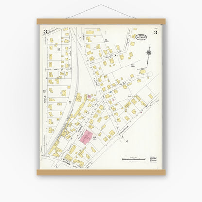 Old map wall art mockup — magnetic wood frame on white wall — Sanborn Fire Insurance Map from Maynard, Middlesex County, Massachusetts (1924), Sheet #0003