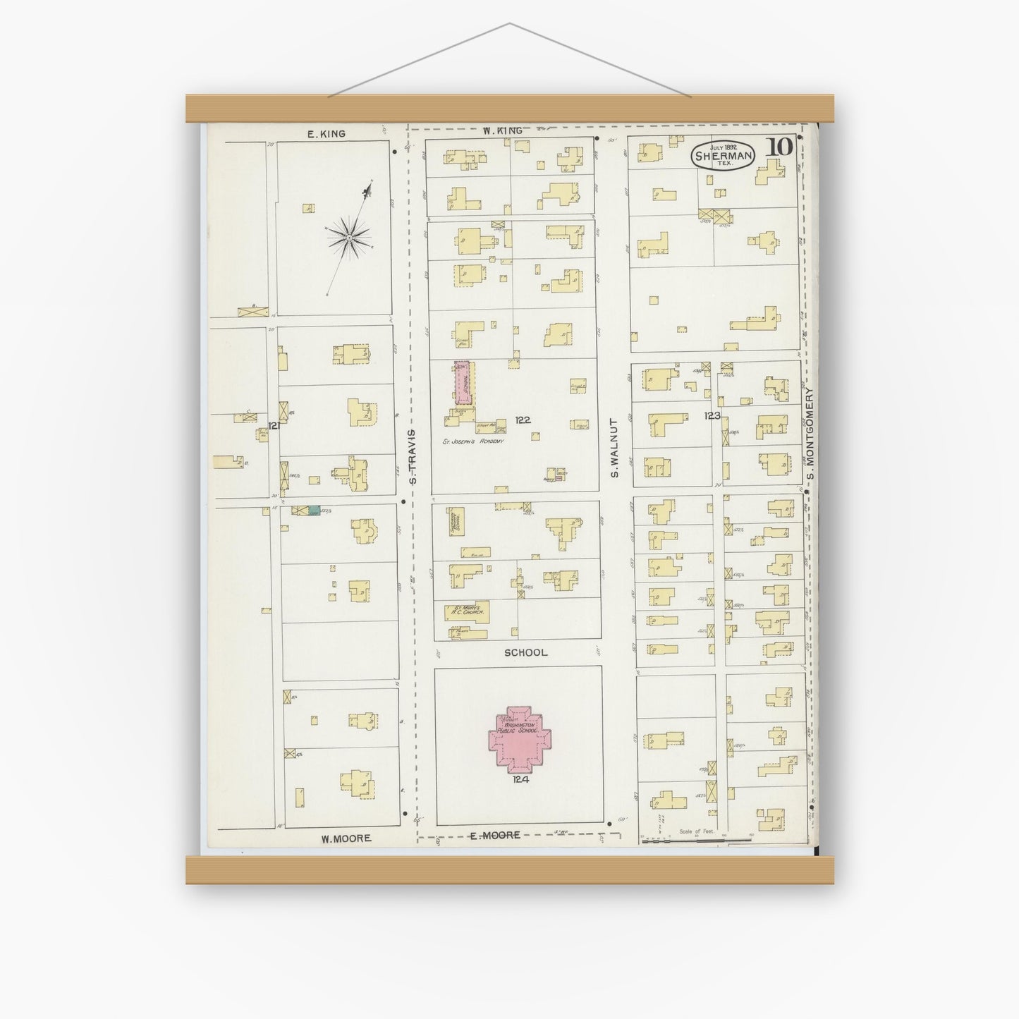 Old map wall art mockup — magnetic wood frame on white wall — Sanborn Fire Insurance Map from Sherman, Grayson County, Texas (1892), Sheet #0010