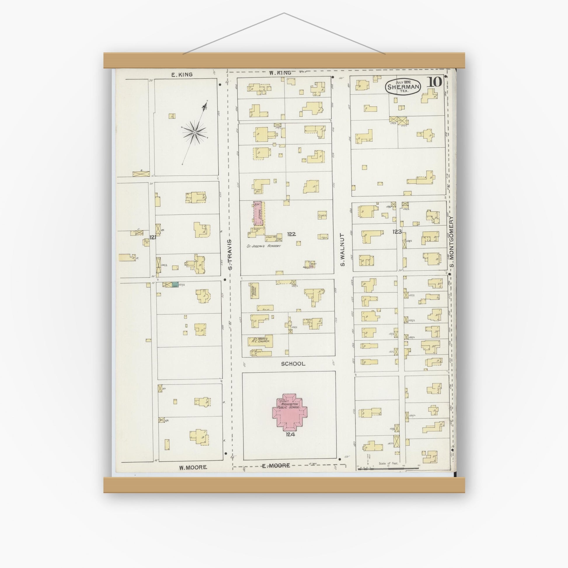 Old map wall art mockup — magnetic wood frame on white wall — Sanborn Fire Insurance Map from Sherman, Grayson County, Texas (1892), Sheet #0010
