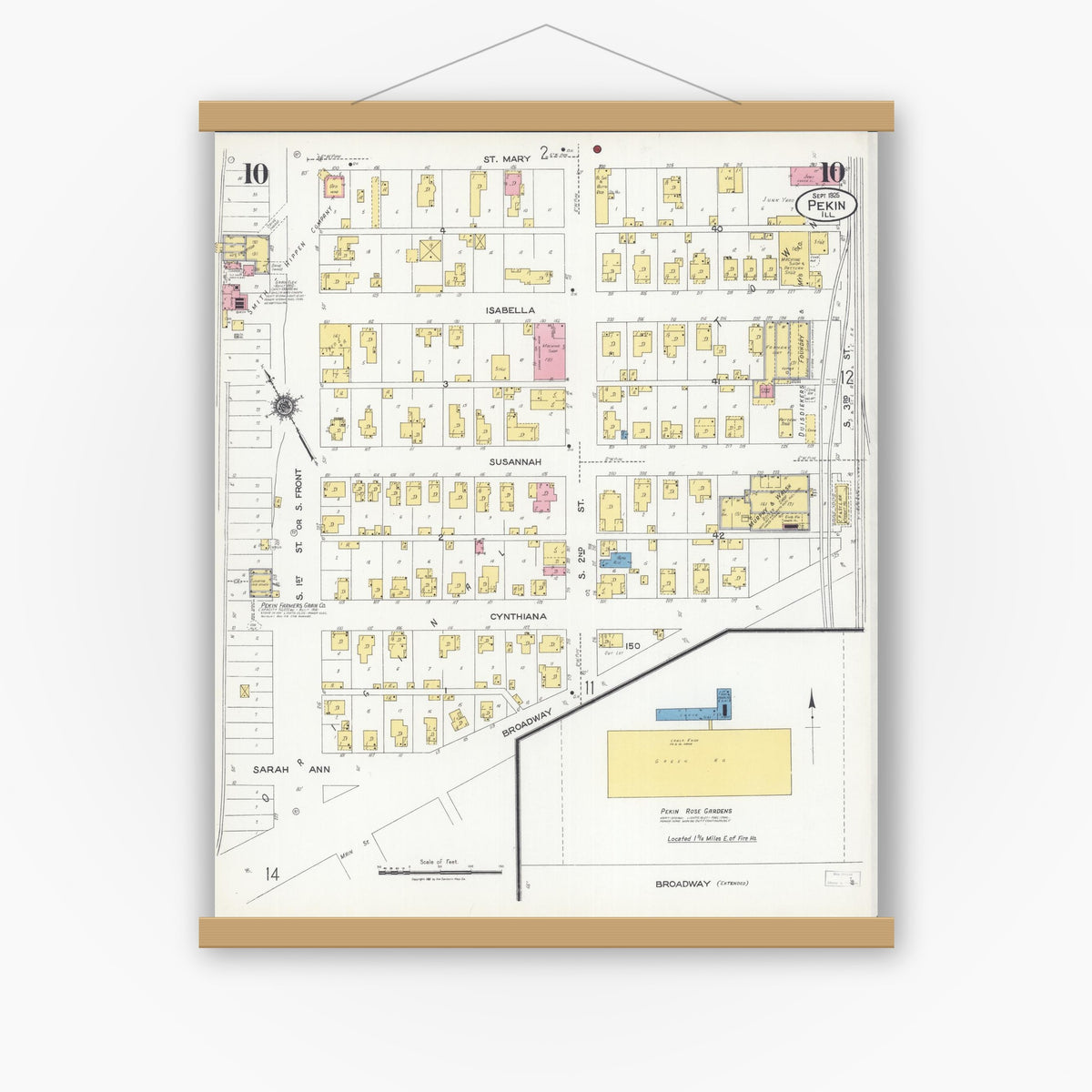Old map wall art mockup — magnetic wood frame on white wall — Sanborn Fire Insurance Map from Pekin, Tazewell County, Illinois (1925), Sheet #0010