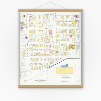 Old map wall art mockup — magnetic wood frame on white wall — Sanborn Fire Insurance Map from Pekin, Tazewell County, Illinois (1925), Sheet #0010