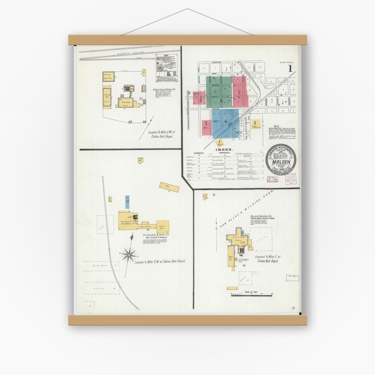 Old map wall art mockup — magnetic wood frame on white wall — Sanborn Fire Insurance Map from Malden, Dunklin County, Missouri (1906) - Complete Map Set