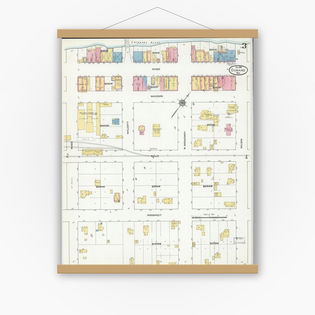 Old map wall art mockup — magnetic wood frame on white wall — Sanborn Fire Insurance Map from Durand, Pepin County, Wisconsin (1910), Sheet #0003
