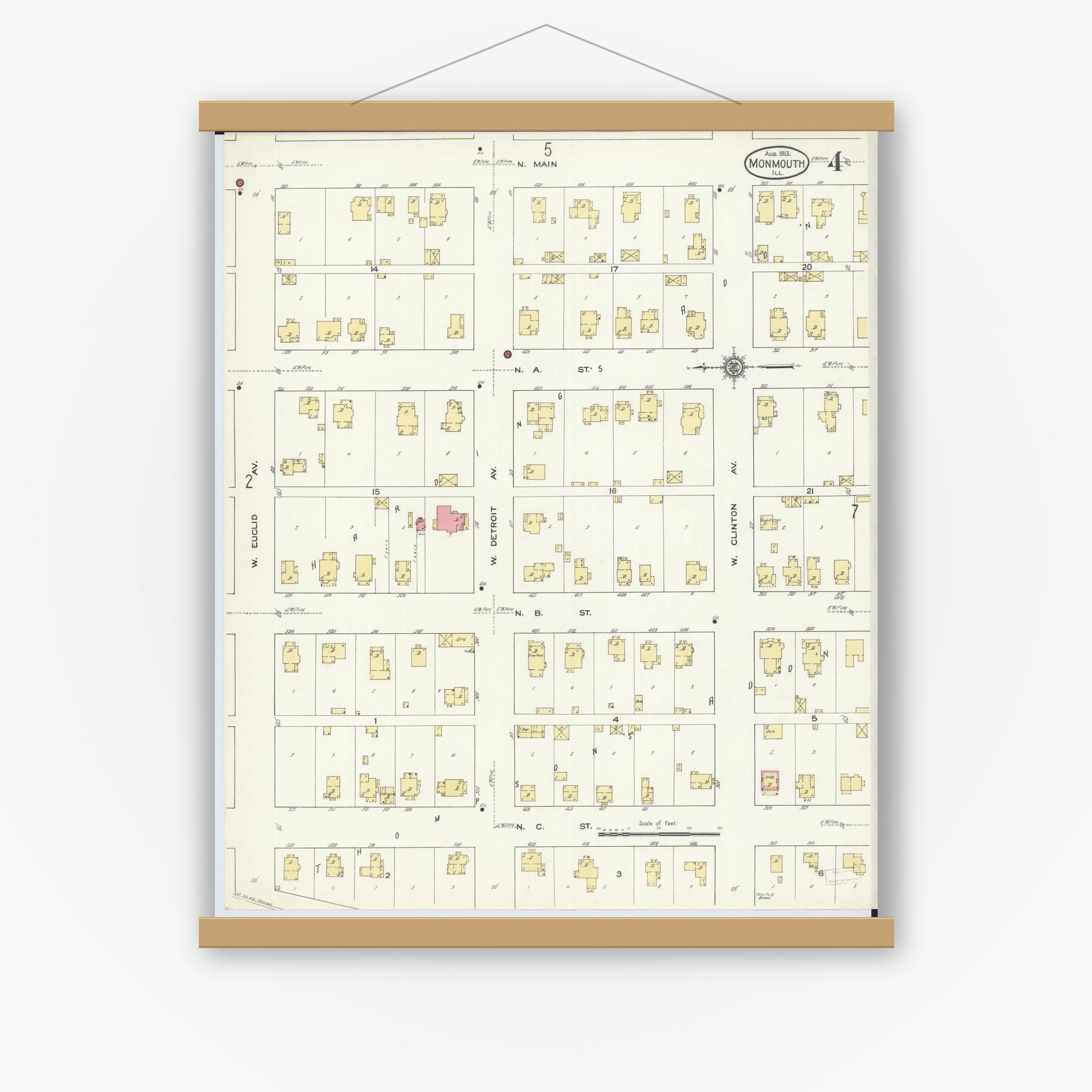 Old map wall art mockup — magnetic wood frame on white wall — Sanborn Fire Insurance Map from Monmouth, Warren County, Illinois (1913), Sheet #0004