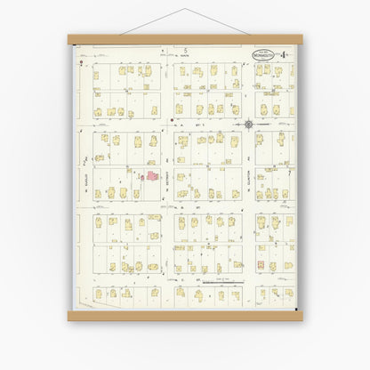 Old map wall art mockup — magnetic wood frame on white wall — Sanborn Fire Insurance Map from Monmouth, Warren County, Illinois (1913), Sheet #0004