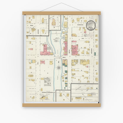 Old map wall art mockup — magnetic wood frame on white wall — Sanborn Fire Insurance Map from Albany, Green County, Wisconsin (1900), Sheet #0001