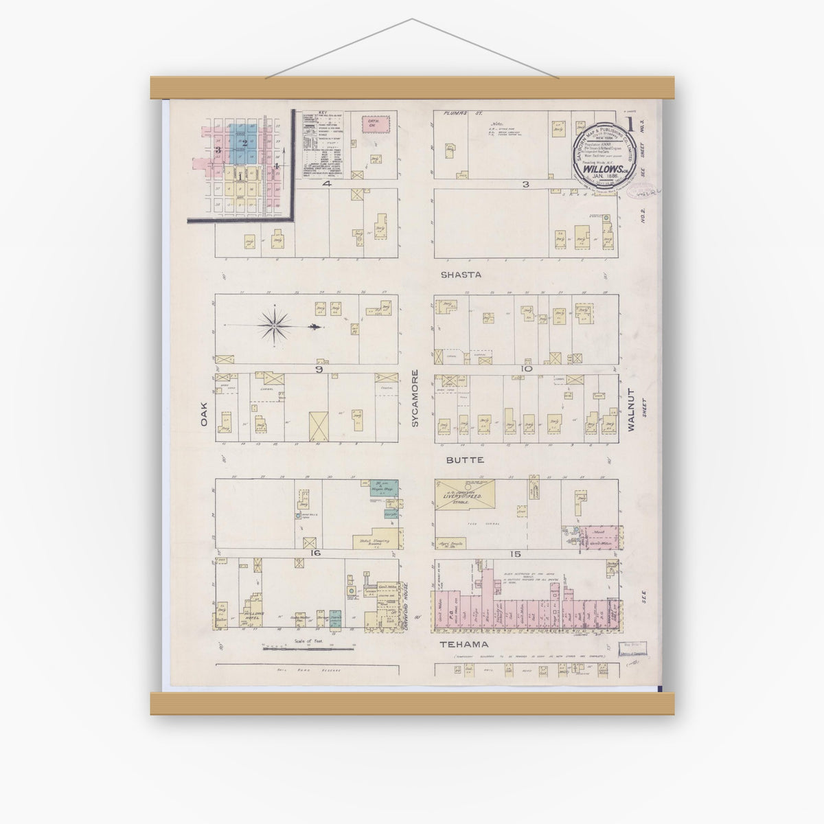 Old map wall art mockup — magnetic wood frame on white wall — Sanborn Fire Insurance Map from Willows, Glenn County, California (1886) - Complete Map Set