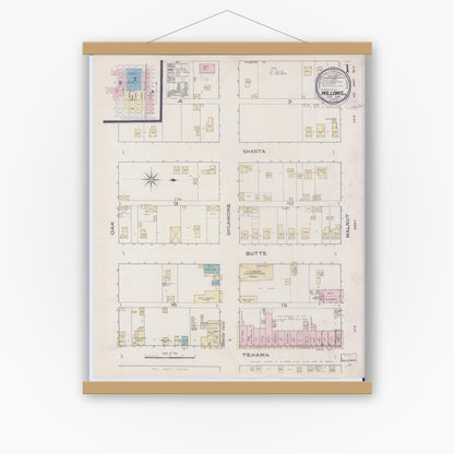 Old map wall art mockup — magnetic wood frame on white wall — Sanborn Fire Insurance Map from Willows, Glenn County, California (1886) - Complete Map Set