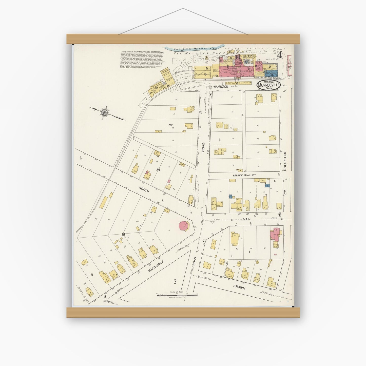 Old map wall art mockup — magnetic wood frame on white wall — Sanborn Fire Insurance Map from Monroeville, Huron County, Ohio (1922), Sheet #0004