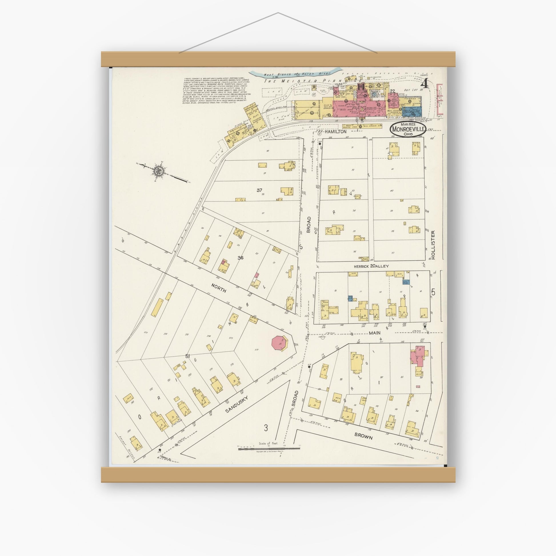 Old map wall art mockup — magnetic wood frame on white wall — Sanborn Fire Insurance Map from Monroeville, Huron County, Ohio (1922), Sheet #0004