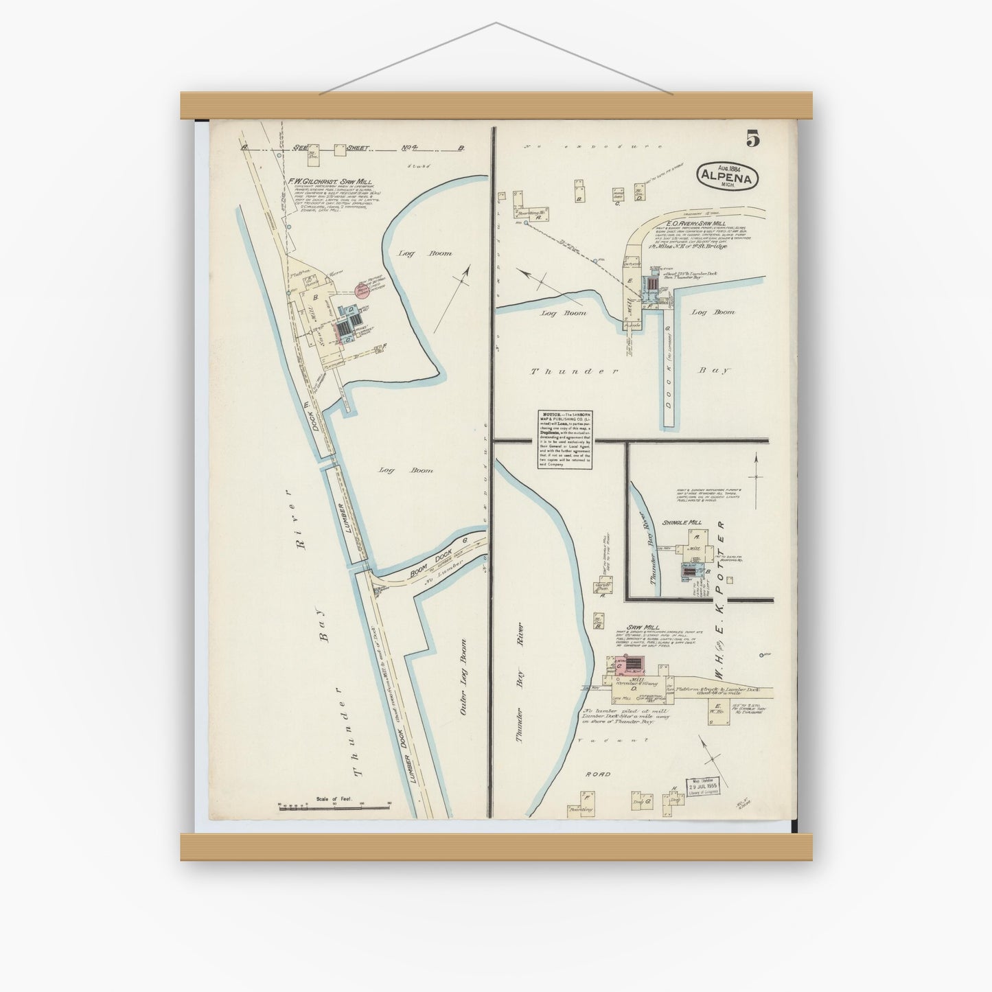 Old map wall art mockup — magnetic wood frame on white wall — Sanborn Fire Insurance Map from Alpena, Alpena County, Michigan (1884), Sheet #0005