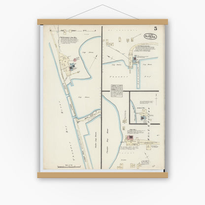 Old map wall art mockup — magnetic wood frame on white wall — Sanborn Fire Insurance Map from Alpena, Alpena County, Michigan (1884), Sheet #0005
