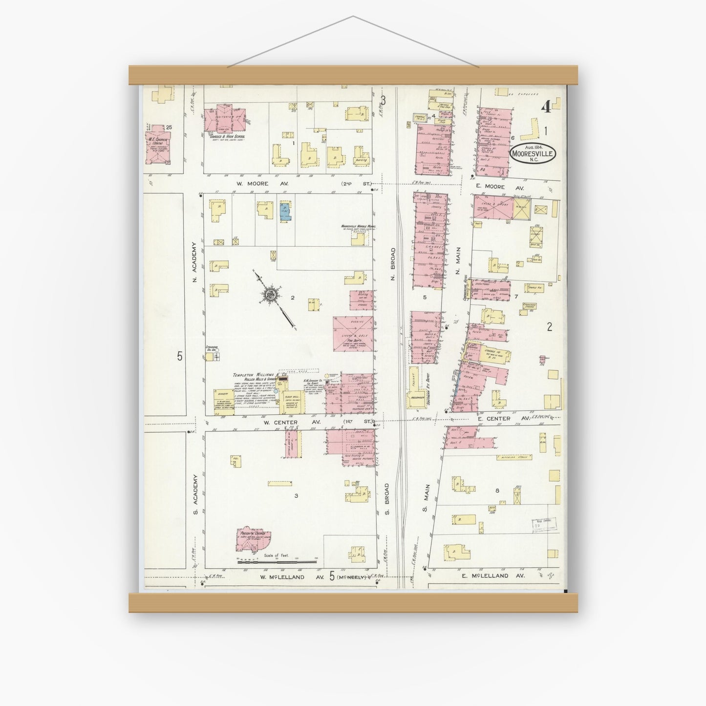 Old map wall art mockup — magnetic wood frame on white wall — Sanborn Fire Insurance Map from Mooresville, Iredell County, North Carolina (1914), Sheet #0004