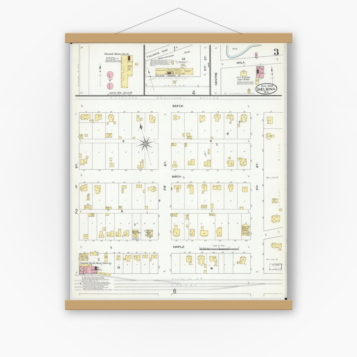Old map wall art mockup — magnetic wood frame on white wall — Sanborn Fire Insurance Map from Shelbina, Shelby County, Missouri (1909), Sheet #0003