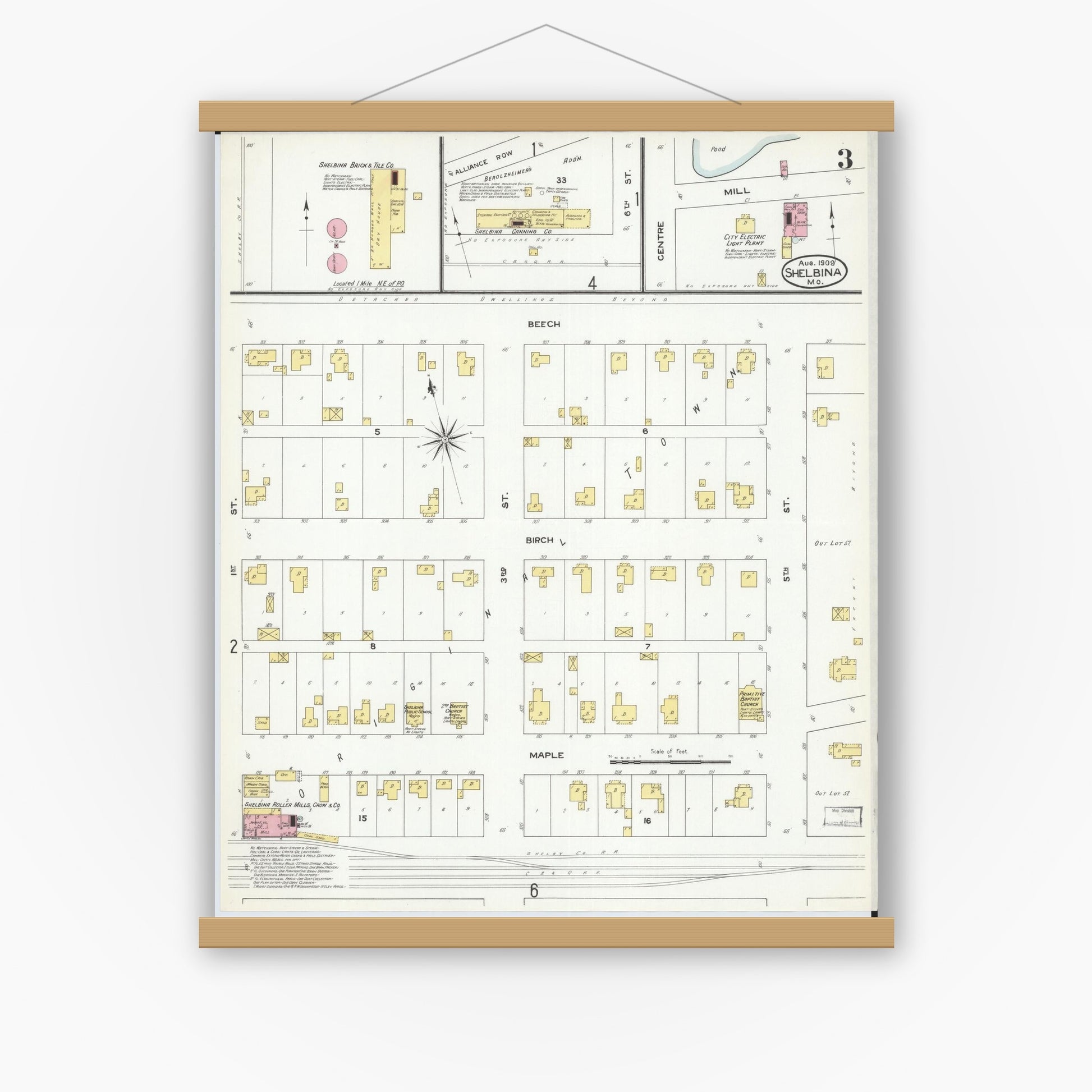 Old map wall art mockup — magnetic wood frame on white wall — Sanborn Fire Insurance Map from Shelbina, Shelby County, Missouri (1909), Sheet #0003