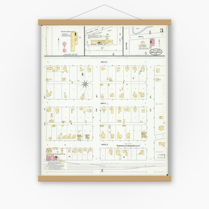 Old map wall art mockup — magnetic wood frame on white wall — Sanborn Fire Insurance Map from Shelbina, Shelby County, Missouri (1909), Sheet #0003