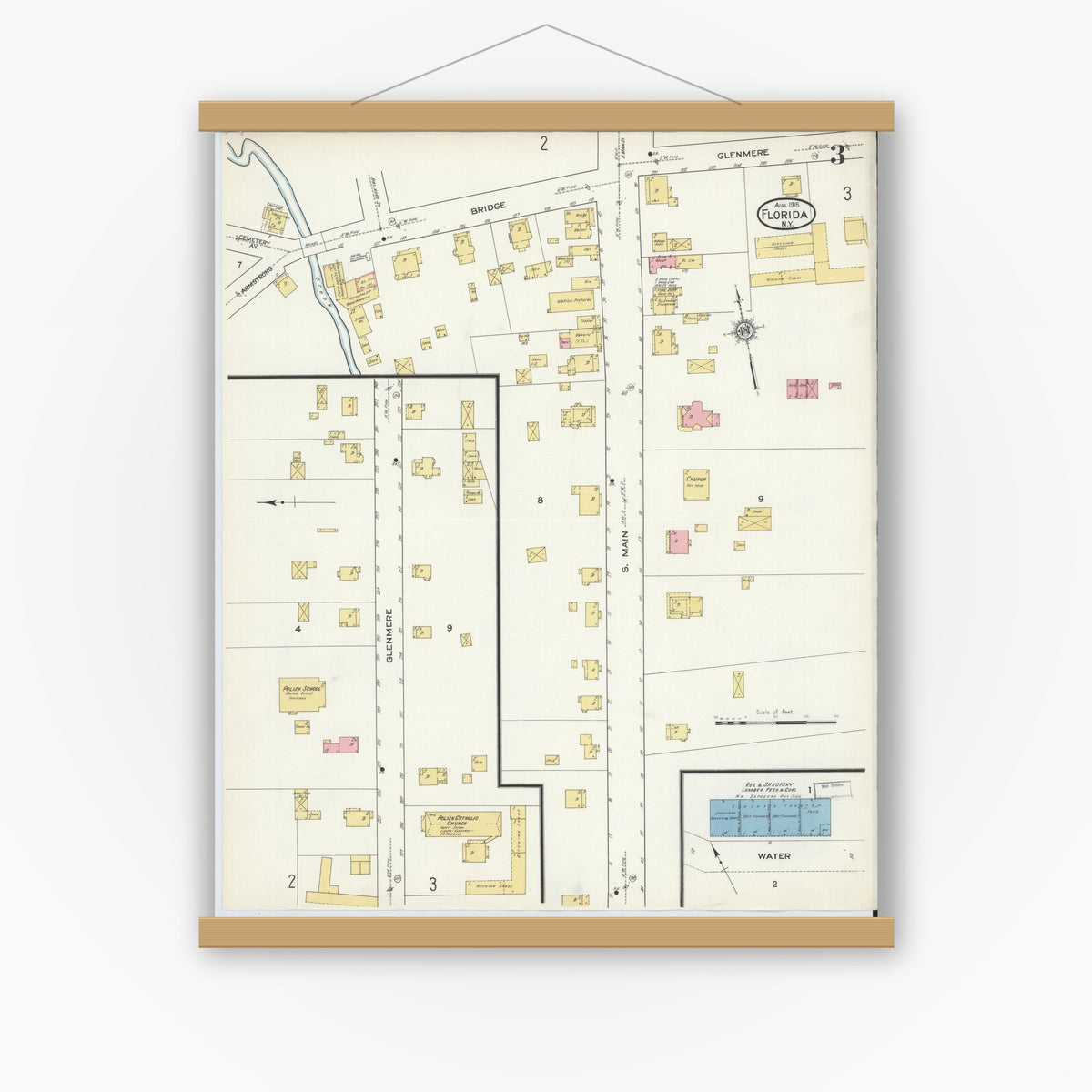 Old map wall art mockup — magnetic wood frame on white wall — Sanborn Fire Insurance Map from Florida, Orange County, New York (1915), Sheet #0003