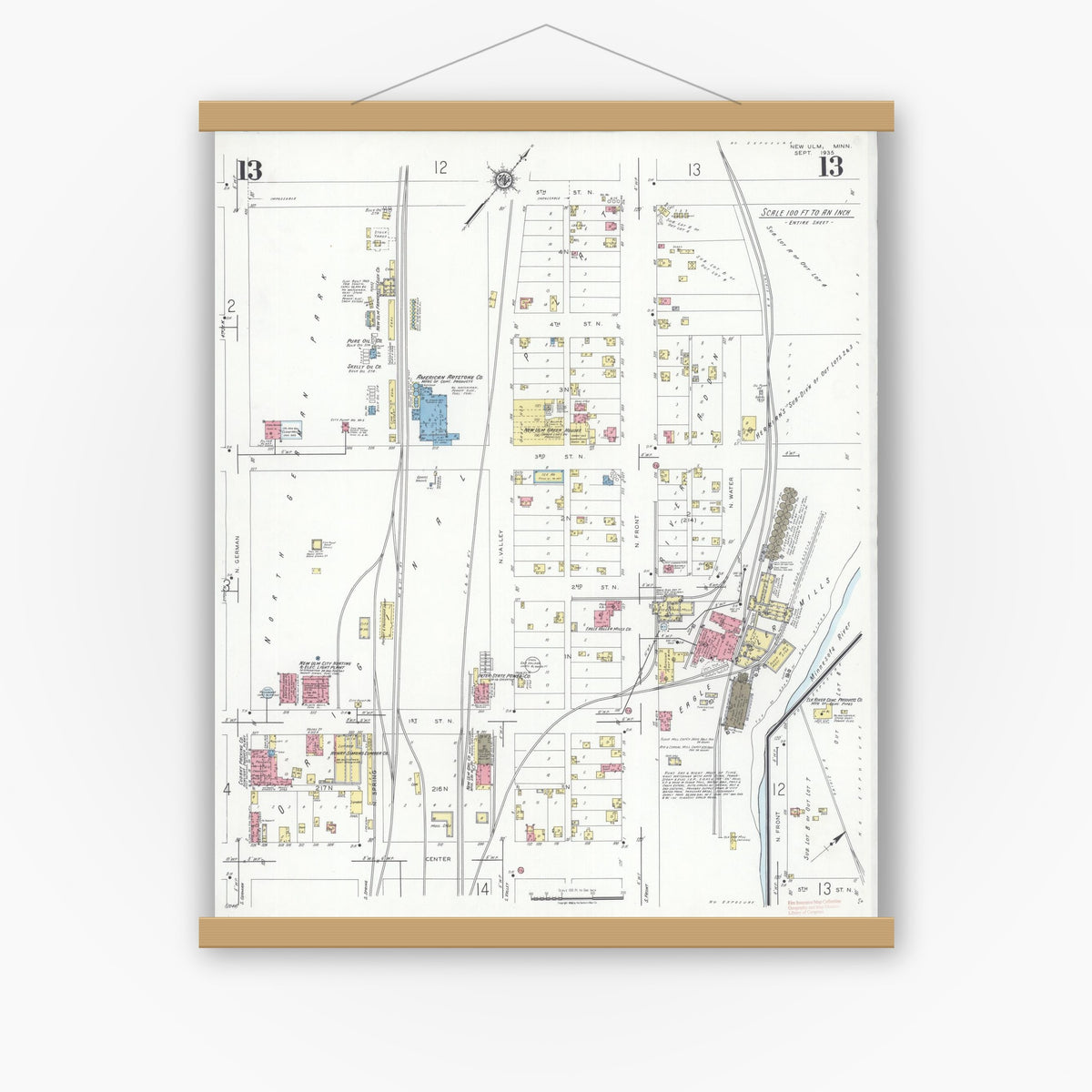 Old map wall art mockup — magnetic wood frame on white wall — Sanborn Fire Insurance Map from New Ulm, Brown County, Minnesota (1935), Sheet #0013