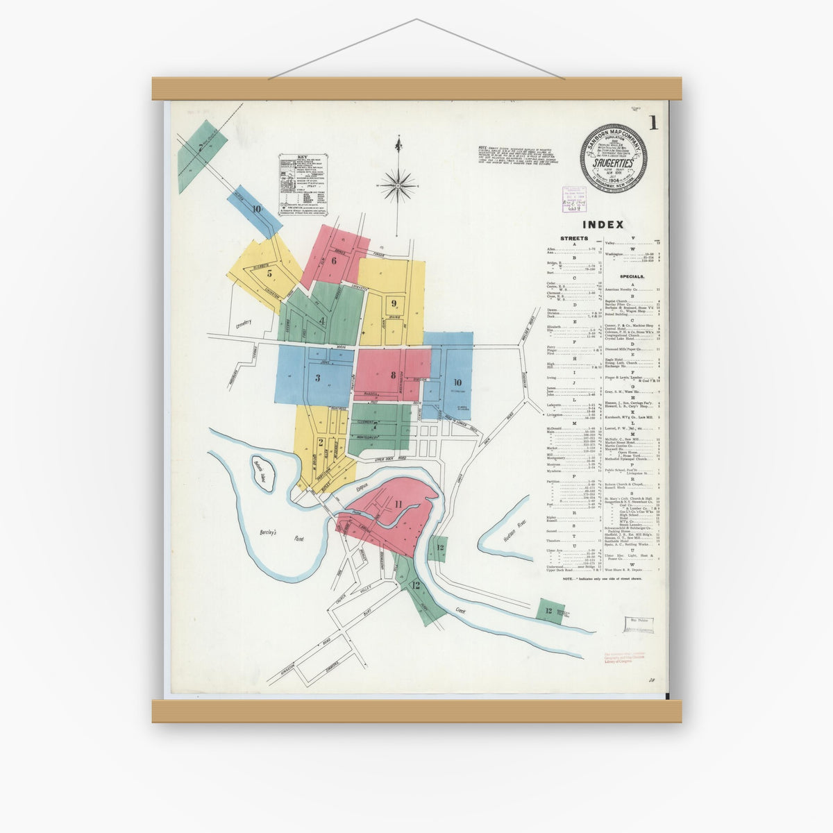 Old map wall art mockup — magnetic wood frame on white wall — Sanborn Fire Insurance Map from Saugerties, Ulster County, New York (1904) - Complete Map Set