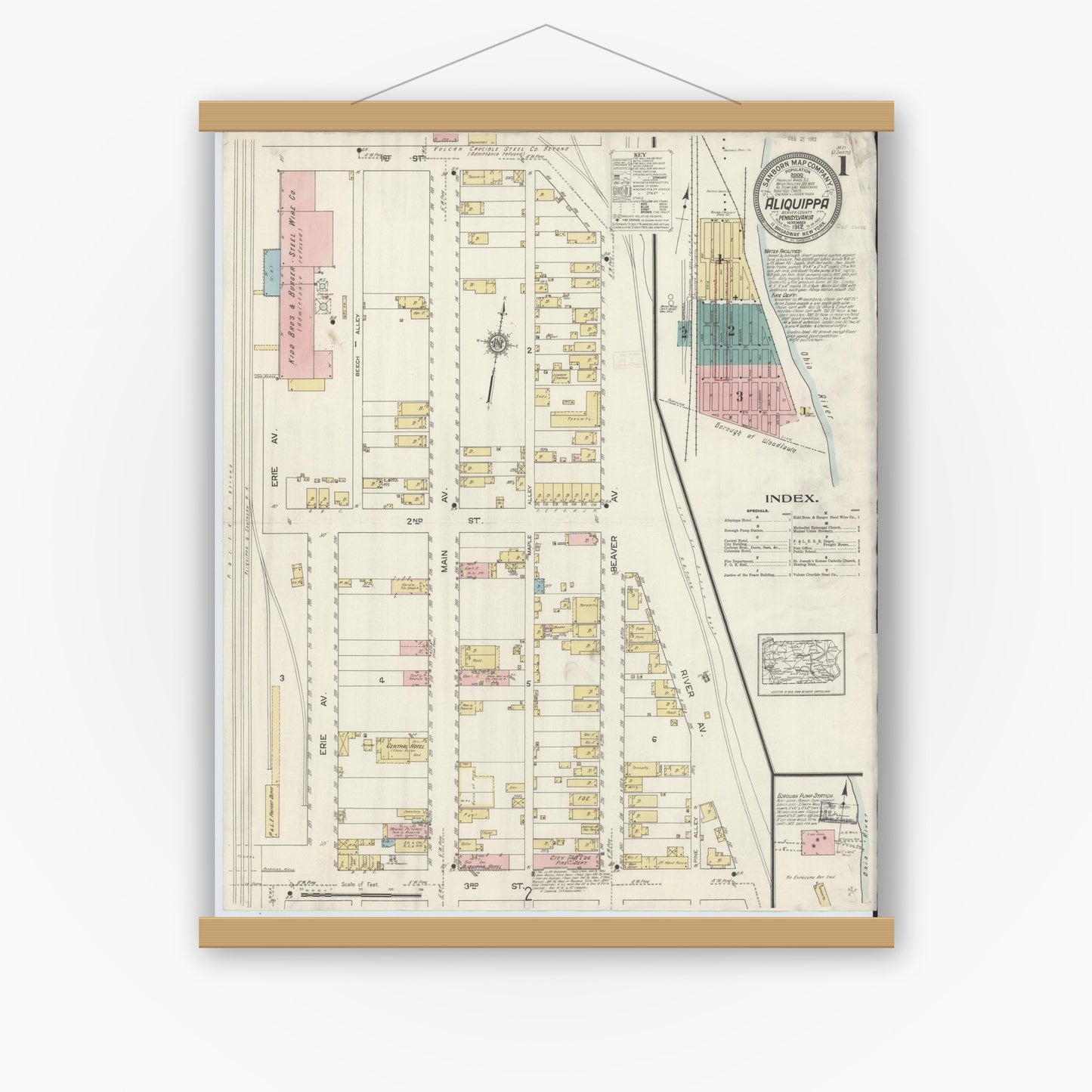 Old map wall art mockup — magnetic wood frame on white wall — Sanborn Fire Insurance Map from Aliquippa, Beaver County, Pennsylvania (1912), Sheet #0001
