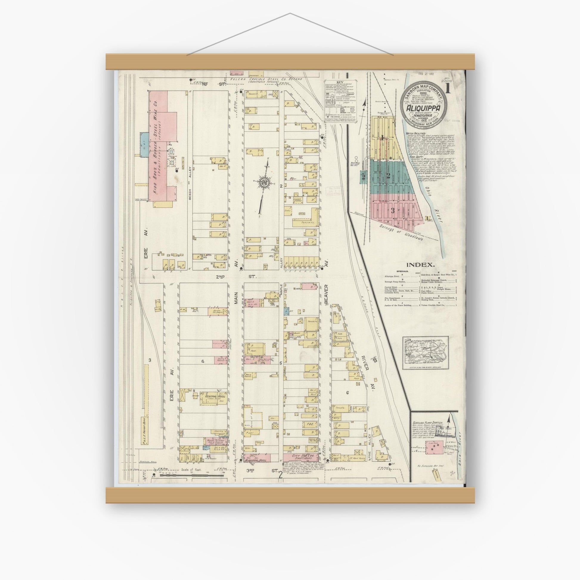 Old map wall art mockup — magnetic wood frame on white wall — Sanborn Fire Insurance Map from Aliquippa, Beaver County, Pennsylvania (1912), Sheet #0001