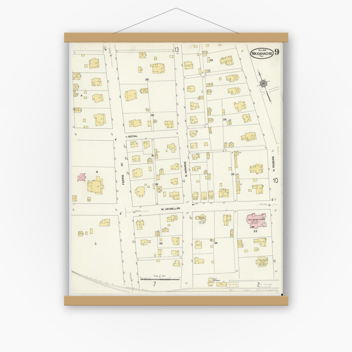 Old map wall art mockup — magnetic wood frame on white wall — Sanborn Fire Insurance Map from Waxahachie, Ellis County, Texas (1909), Sheet #0009