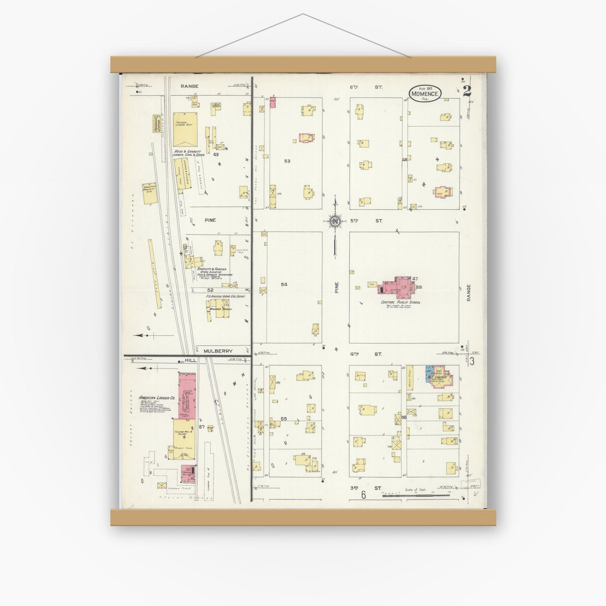 Old map wall art mockup — magnetic wood frame on white wall — Sanborn Fire Insurance Map from Momence, Kankakee County, Illinois (1913), Sheet #0002