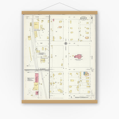 Old map wall art mockup — magnetic wood frame on white wall — Sanborn Fire Insurance Map from Momence, Kankakee County, Illinois (1913), Sheet #0002