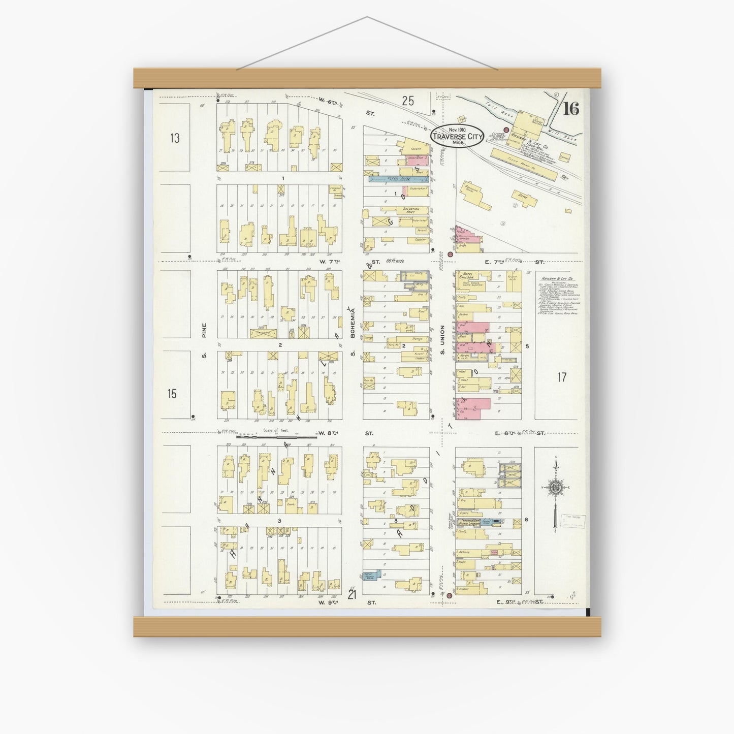 Old map wall art mockup — magnetic wood frame on white wall — Sanborn Fire Insurance Map from Traverse City, Grand Traverse County, Michigan (1910), Sheet #0016
