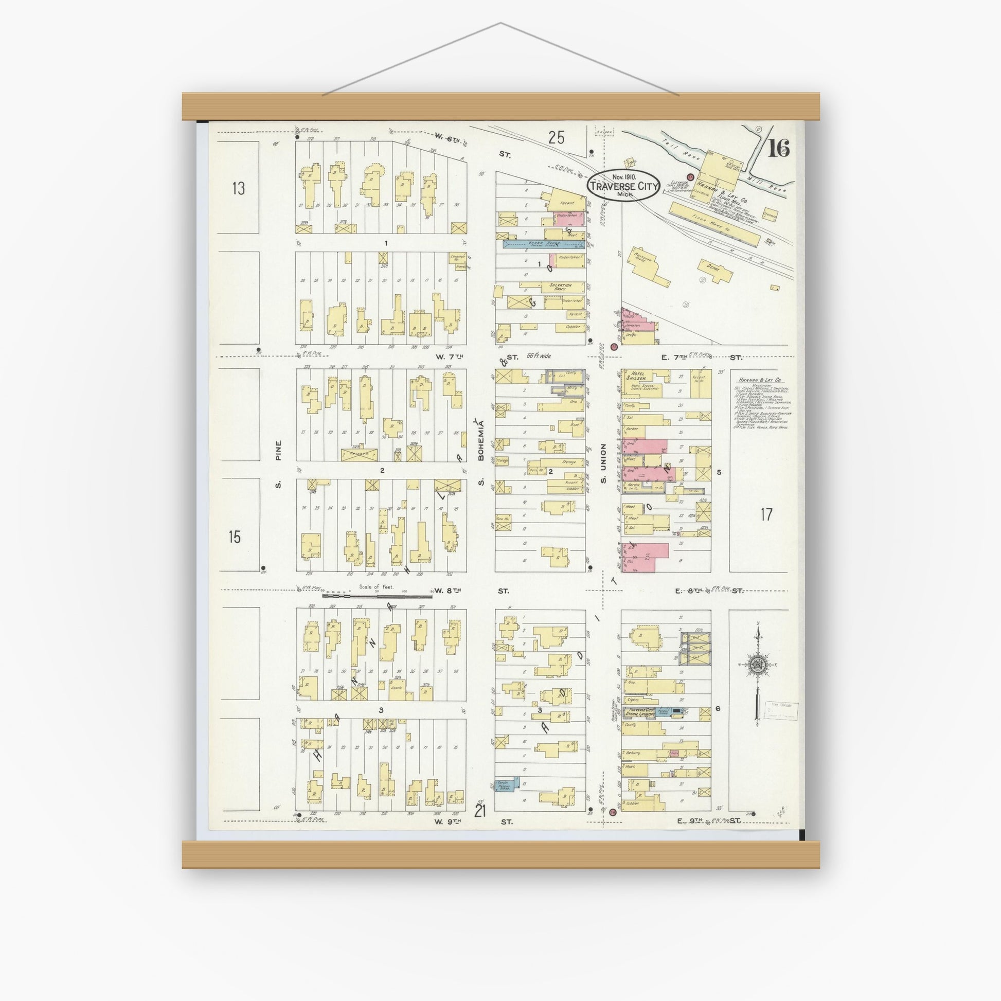 Old map wall art mockup — magnetic wood frame on white wall — Sanborn Fire Insurance Map from Traverse City, Grand Traverse County, Michigan (1910), Sheet #0016