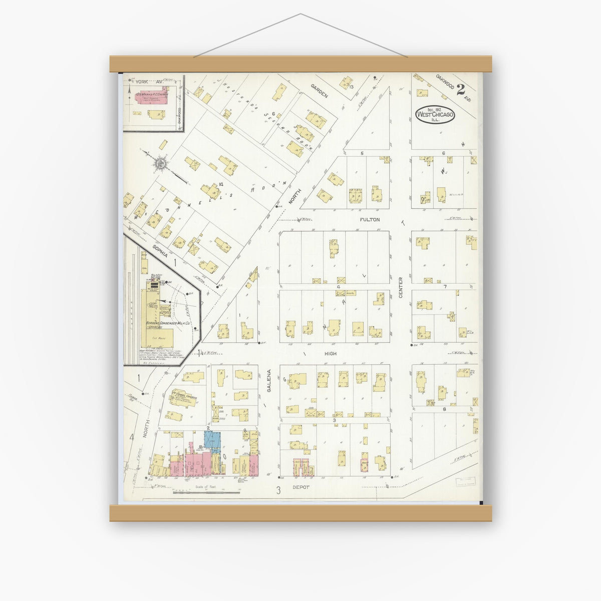 Old map wall art mockup — magnetic wood frame on white wall — Sanborn Fire Insurance Map from West Chicago, Du Page County, Illinois (1912), Sheet #0002