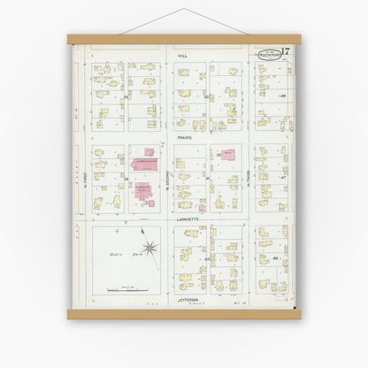 Old map wall art mockup — magnetic wood frame on white wall — Sanborn Fire Insurance Map from Rockford, Winnebago County, Illinois (1891), Sheet #0017