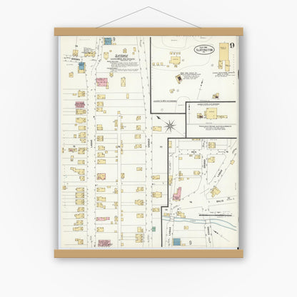 Old map wall art mockup — magnetic wood frame on white wall — Sanborn Fire Insurance Map from Slatington, Lehigh County, Pennsylvania (1908), Sheet #0009