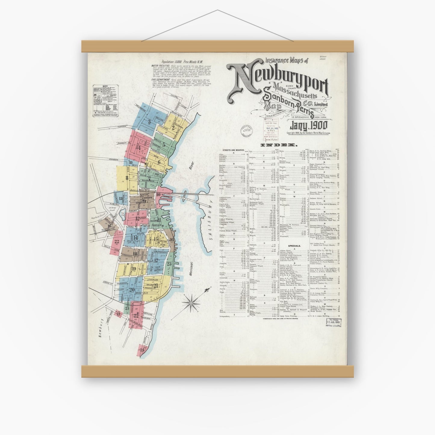 Old map wall art mockup — magnetic wood frame on white wall — Sanborn Fire Insurance Map from Newburyport, Essex County, Massachusetts (1900), Sheet #0001