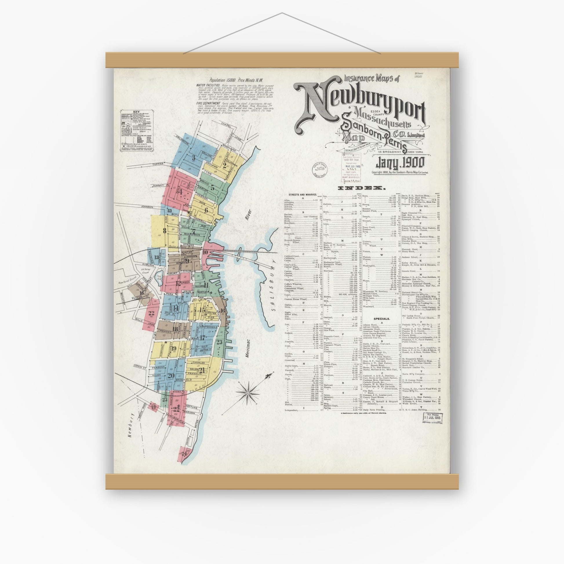 Old map wall art mockup — magnetic wood frame on white wall — Sanborn Fire Insurance Map from Newburyport, Essex County, Massachusetts (1900), Sheet #0001