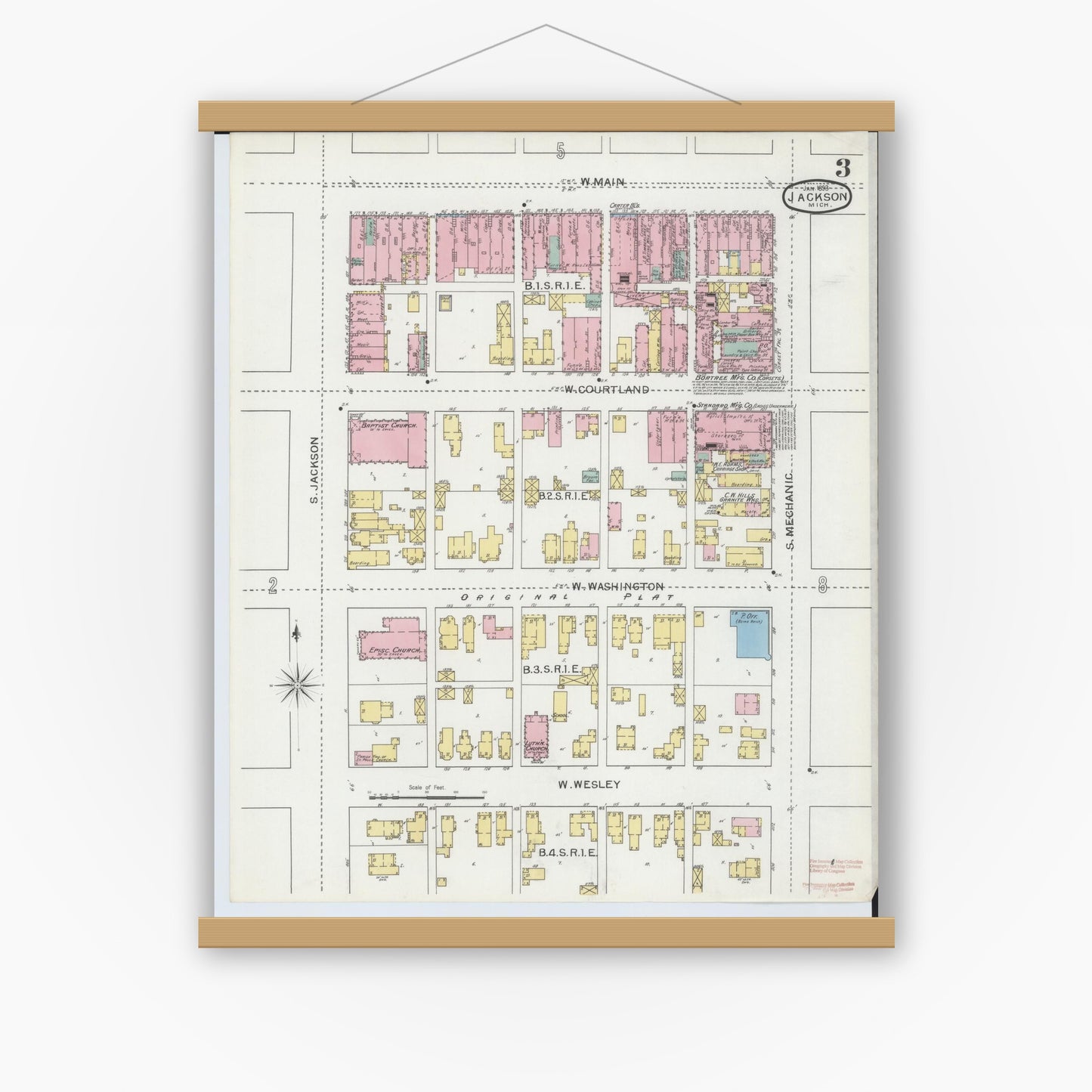 Old map wall art mockup — magnetic wood frame on white wall — Sanborn Fire Insurance Map from Jackson, Jackson County, Michigan (1893), Sheet #0003