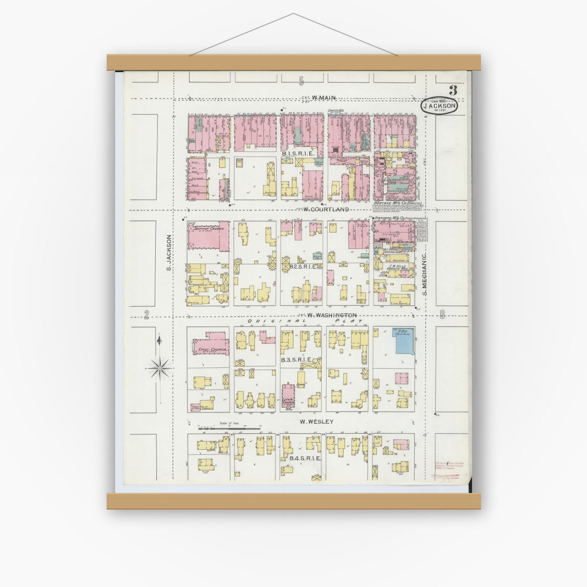 Old map wall art mockup — magnetic wood frame on white wall — Sanborn Fire Insurance Map from Jackson, Jackson County, Michigan (1893), Sheet #0003