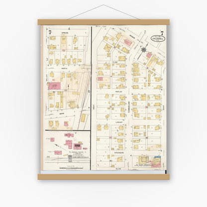 Old map wall art mockup — magnetic wood frame on white wall — Sanborn Fire Insurance Map from Caldwell, Noble County, Ohio (1932), Sheet #0007