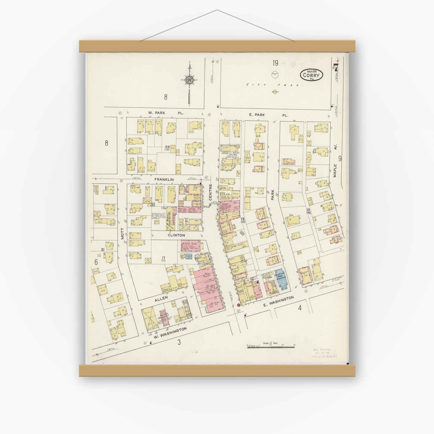 Old map wall art mockup — magnetic wood frame on white wall — Sanborn Fire Insurance Map from Corry, Erie County, Pennsylvania (1915), Sheet #0007
