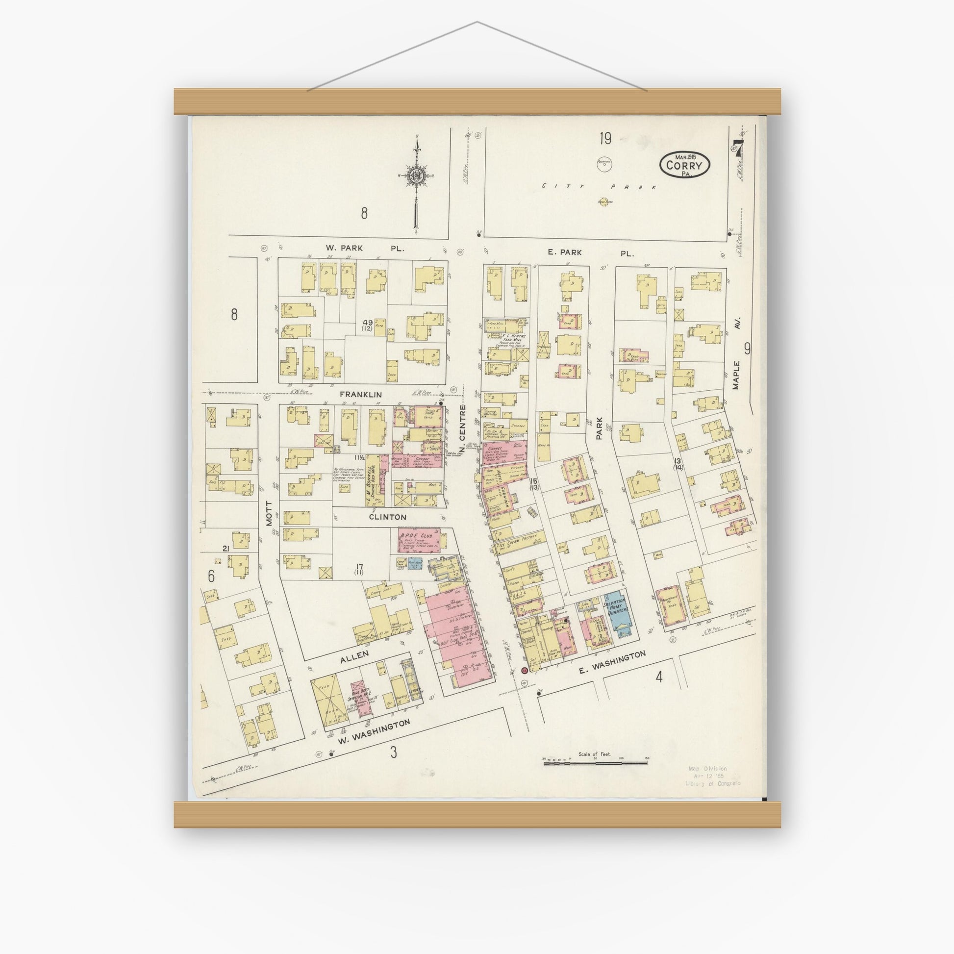 Old map wall art mockup — magnetic wood frame on white wall — Sanborn Fire Insurance Map from Corry, Erie County, Pennsylvania (1915), Sheet #0007