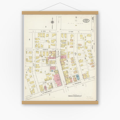Old map wall art mockup — magnetic wood frame on white wall — Sanborn Fire Insurance Map from Corry, Erie County, Pennsylvania (1915), Sheet #0007