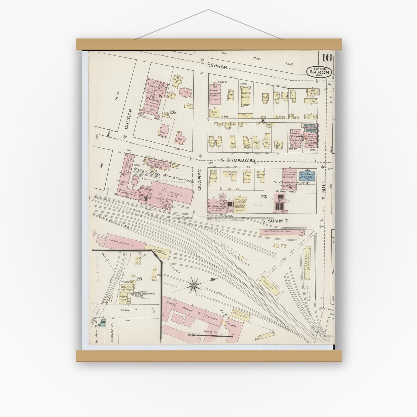 Old map wall art mockup — magnetic wood frame on white wall — Sanborn Fire Insurance Map from Akron, Summit County, Ohio (1886), Sheet #0010